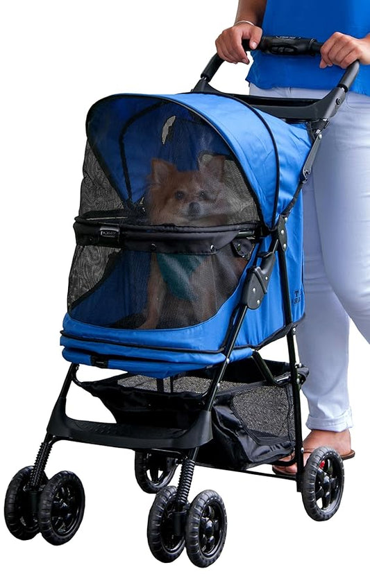 Pet Gear No-Zip Happy Trails Pet Stroller for Cats/Dogs, Zipperless Entry, Easy Fold with Removable Liner, Storage Basket + Cup Holder, Cobalt