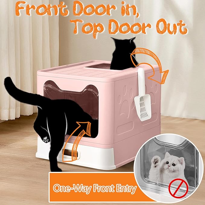 Enclosed Cat Litter Box with Lid Top Exit Covered Metal Stainless Steel Litter Box Leak Proof & Odorless Easy to Clean Including Cat Litter Scoop and Litter Mat