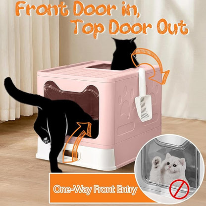 Enclosed Cat Litter Box with Lid Top Exit Covered Metal Stainless Steel Litter Box Leak Proof & Odorless Easy to Clean Including Cat Litter Scoop and Litter Mat