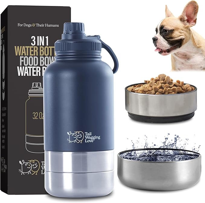 32oz 3-in-1 Portable Travel Water Bottle, Food & Hydration Bottle - Dual Use for Humans & Pets with Detachable Bowls, Stainless Steel, Keeps Water Hot for 6hrs & Cold for 12hrs