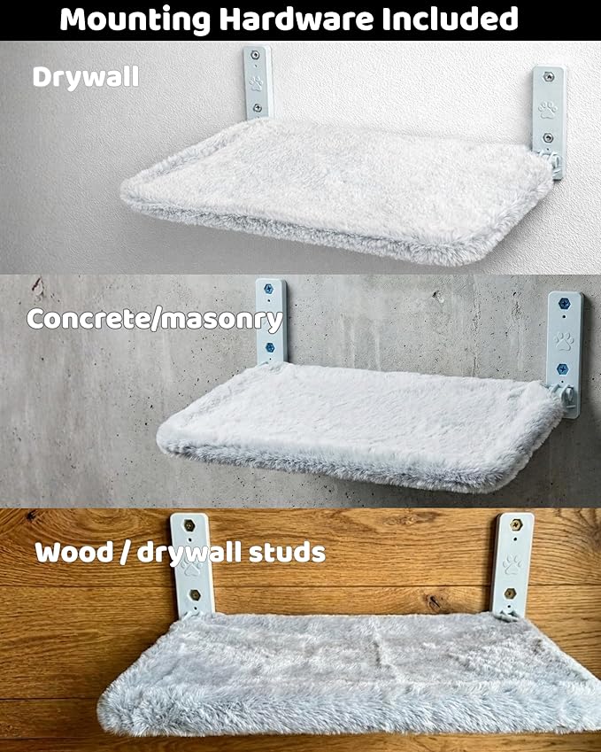 Cat Wall Bed with Ultra-Soft Plush Cover, Foldable Cat Wall Hammock, Shelf Bed with 40 lb Metal Support, Removable Washable Hammock, Hardware for Drywall, Stud & Concrete