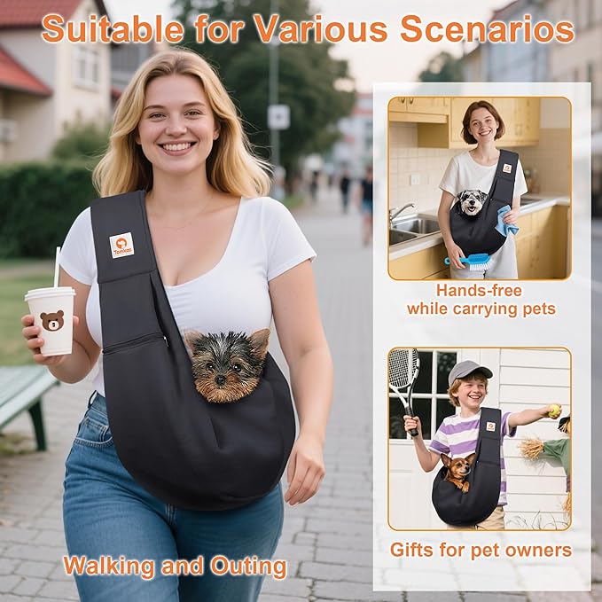 Tomkas Small Dog Cat Sling Carrier Puppy Purse Travel Wrap Soft Crossbody Pet Bag (Black, M - Zip Pocket & Classic Strap)