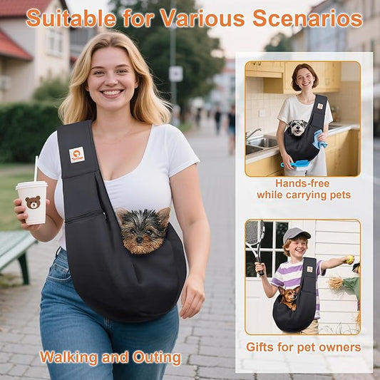 Tomkas Small Dog Cat Sling Carrier Puppy Purse Travel Wrap Soft Crossbody Pet Bag (Black, M - Zip Pocket & Classic Strap)