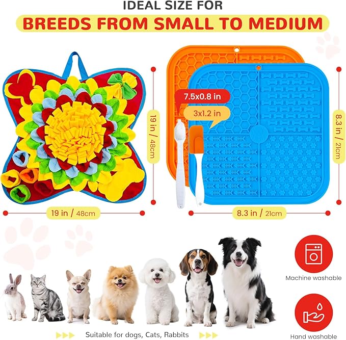 Dog Snuffle Mat and Lick Mats Set, Interactive Dog Enrichment Puzzle Toys for Puppy Small Medium Breed Dogs Cats, Cognitive Sniff Foraging Mats for Slow Feeding Treat Game Mental Stimulation
