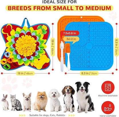 Dog Snuffle Mat and Lick Mats Set, Interactive Dog Enrichment Puzzle Toys for Puppy Small Medium Breed Dogs Cats, Cognitive Sniff Foraging Mats for Slow Feeding Treat Game Mental Stimulation