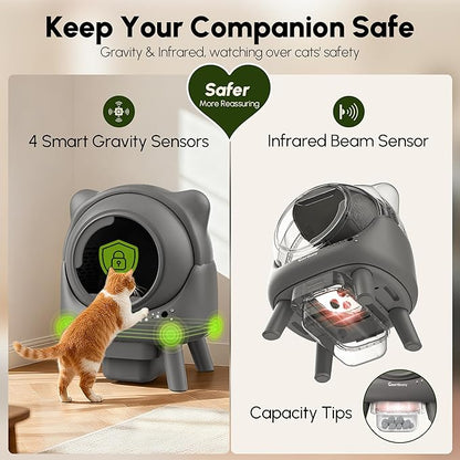 Automatic Litter Box, Self Cleaning Litter Box, Cat Robot for Multiple Cats, with Smart APP Control and Health Monitoring, Safety Sensors, with Trash Bags, Grey