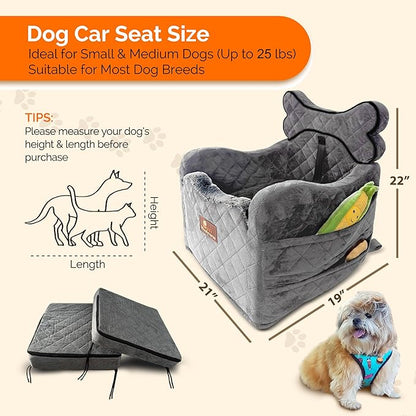 Yara’s Woofyverse Dog Seat for Car – Booster Seat for Small & Medium Dogs with Adjustable Cushions, Fur-Lined Headrest & 6-Pocket Storage – Portable Pet Car Seat for Front/Back Travel – Stone Shadow