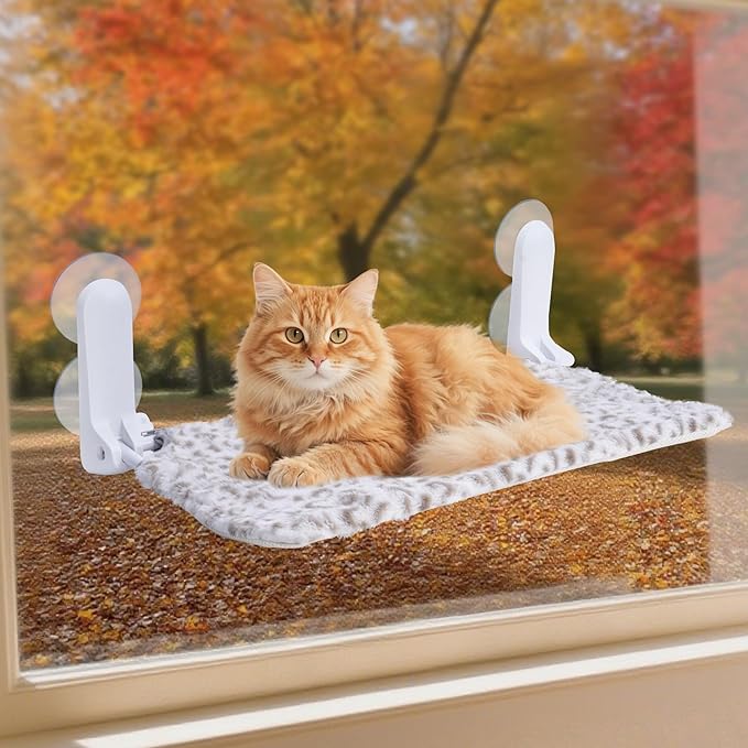Cat Window Perch, Cordless Foldable Cat Hammock Bed with 4 Suction Cups, Embeded Machine Washable Bed for Indoor Cats, Strong Metal Frame Holds 40lbs (Leopard Print)