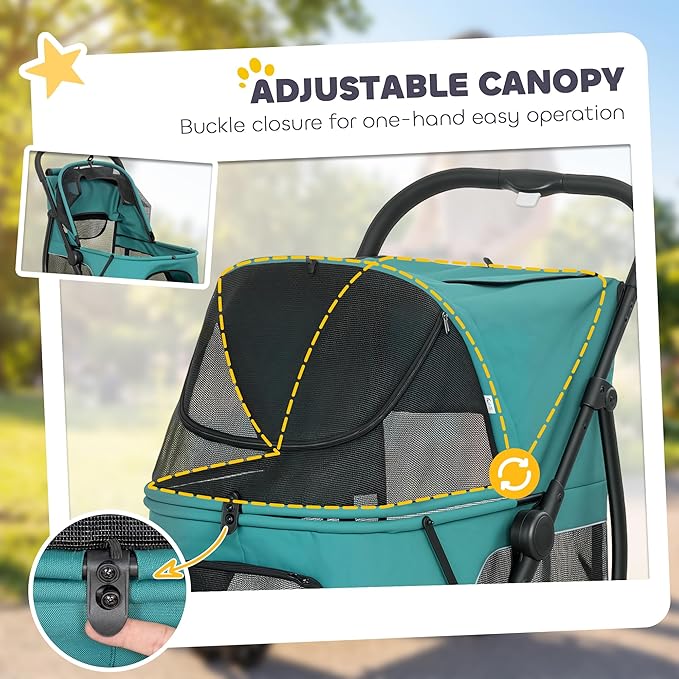 PawHut 3 Wheel Pet Stroller, Dog Stroller Dual Entry, Easy One-Click Quick Fold, All-Terrain Wagon Cart with Air Mesh, Washable Cushion, for Small and Medium Dogs and Cats Up to 44 lbs, Dark Green