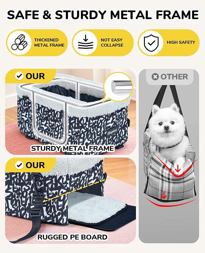 BurgeonNest Center Console Dog Car Seat for Small Dogs, Puppy Cat Car Seat Booster with Soft Cushion Safety Belt, Seats Safe & Cozy Metal Frame Armrest Dog Booster Pet Under 11 lbs (Graffiti)
