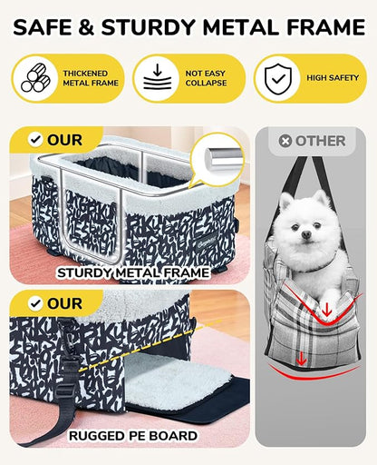 BurgeonNest Center Console Dog Car Seat for Small Dogs, Puppy Cat Car Seat Booster with Soft Cushion Safety Belt, Seats Safe & Cozy Metal Frame Armrest Dog Booster Pet Under 11 lbs (Graffiti)