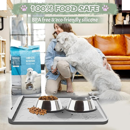 Silicone Dog Food Mat With Residue Collection Pocket - Waterproof Pet Feeding Mat for Cats and Dogs, Raised Edges, Hooks, Placemats for Water Bowl