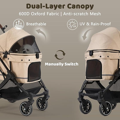 All-Terrain Dog Stroller for Small to Medium Dogs, Pet Stroller for Dogs & Cats Outdoor Walks, One-Hand Easy Fold, Double-Layer Anti-UV & Waterproof Canopy & Breathable Mesh, Vanilla Beige