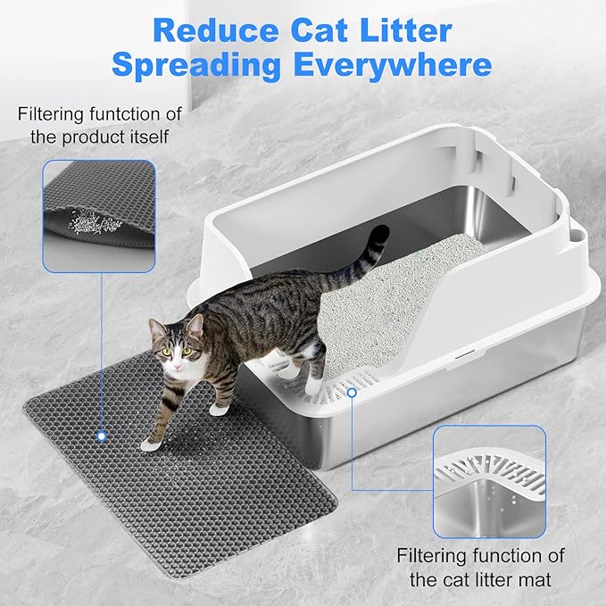 Non-Stick Stainless Steel Litter Box, XL Side Opening Splash-Proof & Leak-Proof Seamless Seal, Ellenpent Large Capacity, Cat Litter Box with Lid for Multi-Cats, Easy-Clean & Durable (White)