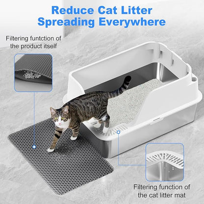 Non-Stick Stainless Steel Litter Box, XL Side Opening Splash-Proof & Leak-Proof Seamless Seal, Ellenpent Large Capacity, Cat Litter Box with Lid for Multi-Cats, Easy-Clean & Durable (White)