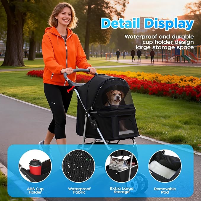 BestOffice Pet Stroller for Small Medium Dogs & Cats, 3-Wheel Foldable Dog Stroller with Cup Holder, Lightweight Travel Carrier, Waterproof Design for Outdoor Walks, Black