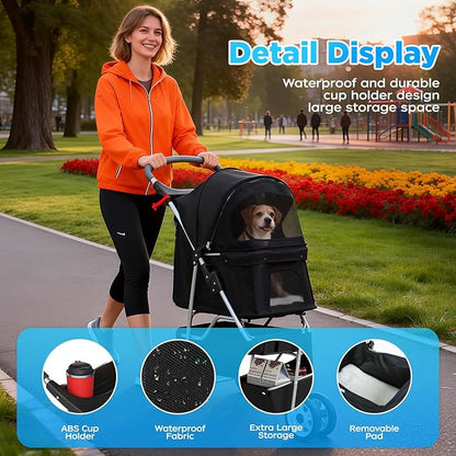 BestOffice Pet Stroller for Small Medium Dogs & Cats, 3-Wheel Foldable Dog Stroller with Cup Holder, Lightweight Travel Carrier, Waterproof Design for Outdoor Walks, Black