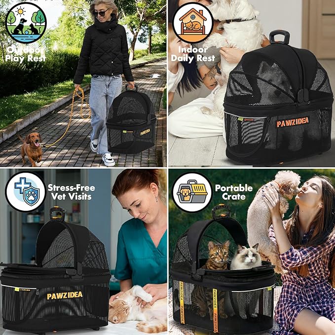 PAWZIDEA Double Pet Stroller with 2 Detachable Carrier, Lightweight Portable Travel Crate & Car Seat Combo & TSA-Approved Expandable Carrier, Foldable Jogger Stroller for 2–4 Cats or Small/Medium Dogs