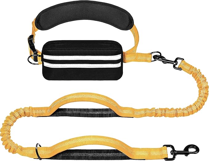 Hands Free Dog Leash with Zipper Pouch, Running Waist Leash for Dog Walking, Adjustable Waist Belt for Large Dogs, Reflective Bungee Design with Two Handle for Hiking, Training, Yellow