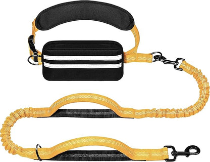 Hands Free Dog Leash with Zipper Pouch, Running Waist Leash for Dog Walking, Adjustable Waist Belt for Large Dogs, Reflective Bungee Design with Two Handle for Hiking, Training, Yellow
