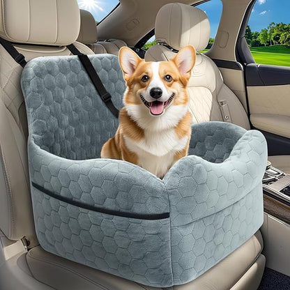 Dog Car Seat for Small/Medium Dogs - Puppy Car Seat Under 35 lbs with Thick Elevated Cushion & Safety Belt for Travel - Detachable & Washable Dog Booster Seat with 2 Sides Storage Pockets(Gray)
