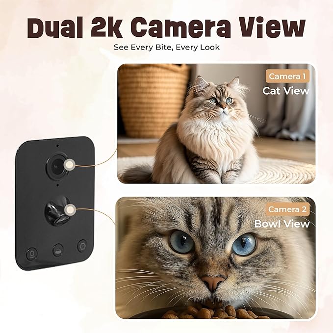 TailTeddy Automatic Cat Feeder with Dual Camera & AI Detection (6L), Smart Pet Feeder with WiFi App & Two-Way Audio, Timed Cat Feeder up to 6 Meals/Day, Stainless Steel Bowl & Battery Backup