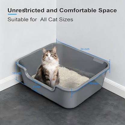 Extra Large Cat Litter Box (ABS Material), Low Entry High Sides Senior Litter Pen for Geriatric Kitty Big Cats, Jumbo Litter Boxes Tray for Multi Cat Indoor Pets Potty (Gray, 24" L x 20" W x13)