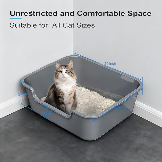 Extra Large Cat Litter Box (ABS Material), Low Entry High Sides Senior Litter Pen for Geriatric Kitty Big Cats, Jumbo Litter Boxes Tray for Multi Cat Indoor Pets Potty (Gray, 24" L x 20" W x13)