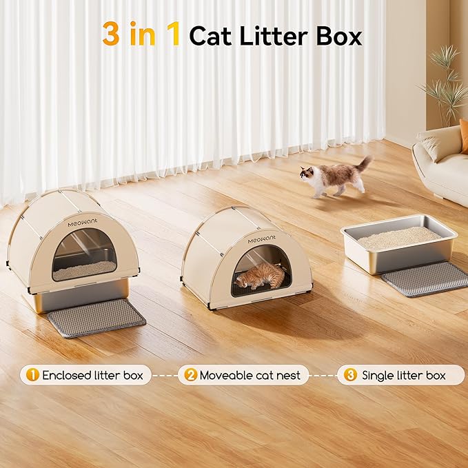 Meowant Stainless Steel Cat Litter Box with Lid, Extra Large Metal Litter Box with DIY Oxford Fabric Cover, Anti-Leakage & Non-Sticky, Odor Control, Easy Cleaning, Includes Litter Mat & Metal Scoop