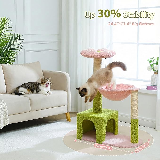 Flower Cat Tree with Large Metal Frame Hammock, 35" Cute Cat Tower with Sisal Scratching Posts for Small Indoor Cats, Cat Condo with Pink Top Perch for Kittens, Pink