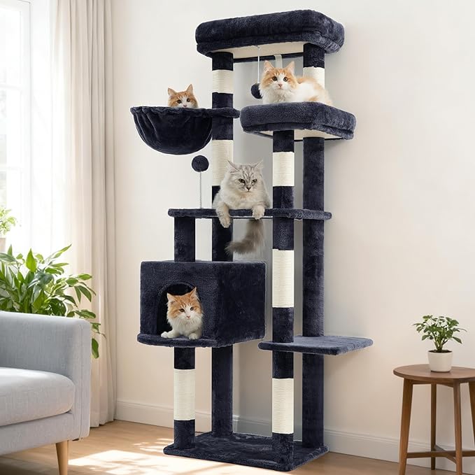 Cat Tree for Indoor Cats, 55.1 inch Cat Tower with 7 Sisal Scratching Posts, Multi-level Cat Condo wit Large Play Platform Furry Ball, Cat Cave, 2 Padded Perches, Basket, Smoky Gray GCT013G