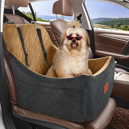 Lealchum Dog Booster Car Seat for Medium Dogs Up to 40lbs Pets,Easy to Install,Fully Detachable and Washable,Anti-Slip Base,Snug Puppy Car Seat with 2 Clip-On Leashes(Black/Coffee,Medium)