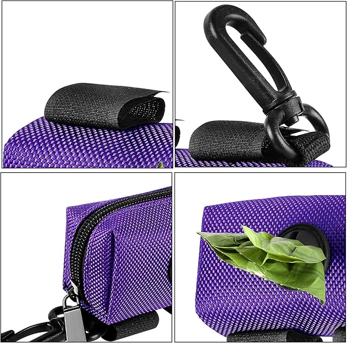 Dog Waste Bag Dispenser Pet Poop Bags Holder for Doggie Waste Bags Dispensers Soft Fabric Zipper Small Doggy Puppy Pouch for Leash Accessory Attachment with Carrier,Purple