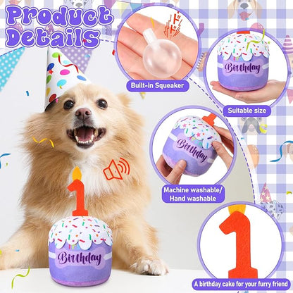 Dog 1st Birthday Cake Toy Accessories for Girl Boy Gifts, Purple Squeaky Plush Toy for Dog Birthday Party Decor Favor for Large, Medium and Small Dogs