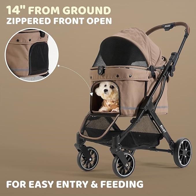 All-Terrain Dog Stroller for Small to Medium Dogs, Pet Stroller for Dogs & Cats Outdoor Walks, One-Hand Easy Fold, Double-Layer Anti-UV & Waterproof Canopy & Breathable Mesh, Mocha Brown