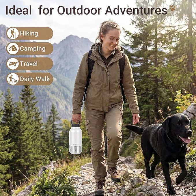 3-in-1 Dog Water Bottle Portable, 32oz Insulated Stainless Steel Pet Water Dispenser with 2 Detachable Travel Dog Bowls for Water & Food, Leak-Proof Puppy Water Bottle for Hiking, Walking (White)