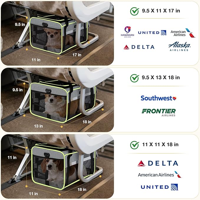 Lekereise Top-Expandable Pet Carrier 18x11x11Inch Delta American United Airline Approved Soft Sided Underseat to 15lbs Travel Carriers for Small Dogs Cats with Locking Safety Zippers Anti-Scratch Mesh