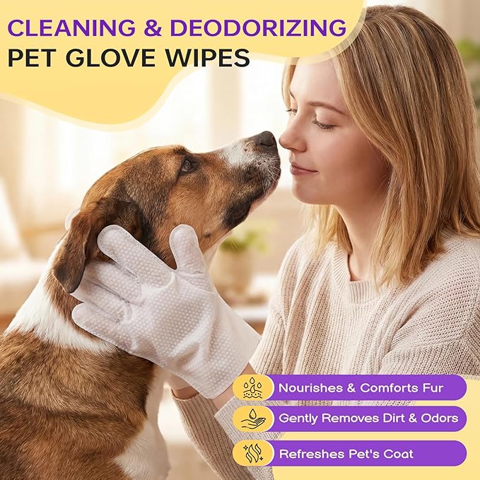 Pet Glove Wipes for Dogs and Cats 20 Count Dog Cleaning Wipes for Paws and Butt Waterless Dog Bath Wipes Hypoallergenic Fragrance Free with 10 Sealing Stickers and 5 Drying Towels