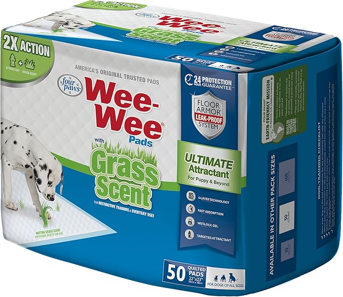 Four Paws Wee-Wee Ultimate Attractant Dog Pee Pads for Instinctive Training, Leak-Proof Floor Protection Dog & Puppy Quilted Potty Training Pads, Grass Scent, 22" x 23" (50 Count)
