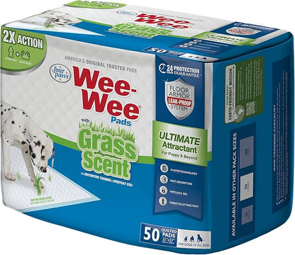Four Paws Wee-Wee Ultimate Attractant Dog Pee Pads for Instinctive Training, Leak-Proof Floor Protection Dog & Puppy Quilted Potty Training Pads, Grass Scent, 22" x 23" (50 Count)