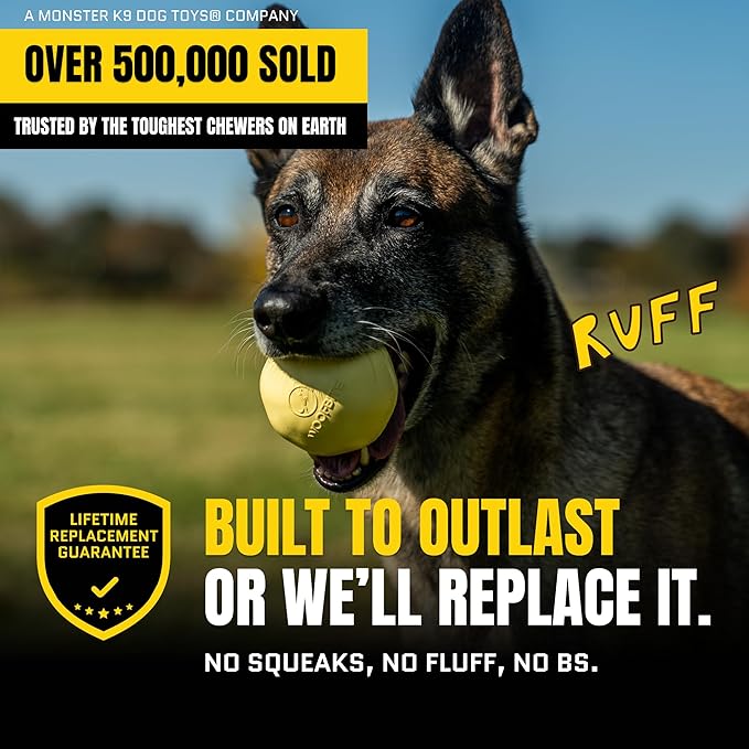 Virtually Indestructible Dog Ball - Lifetime Replacement - Tough Durable Chew Toy for Aggressive Chewers - Safe Non-Toxic Natural Rubber - Chew & Fetch - Med/Large Breed, 3"- Butter Scent