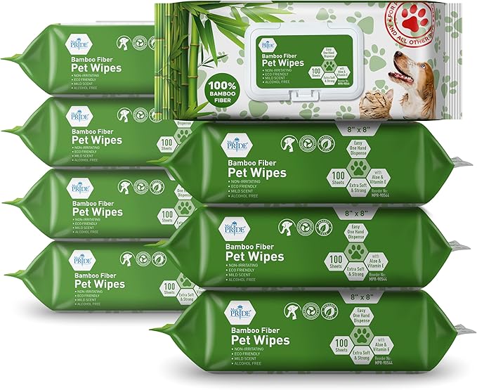 MED PRIDE Gentle Doggie Towelettes Biodegradable Pet Wipes XL – 100% Bamboo Fiber Dog & Cat Cleaning Wipes with Aloe Vera – 8”x8” Hypoallergenic Deodorizing Grooming – 8 Packs (800 Count)