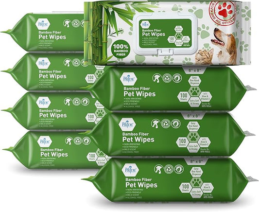 MED PRIDE Gentle Doggie Towelettes Biodegradable Pet Wipes XL – 100% Bamboo Fiber Dog & Cat Cleaning Wipes with Aloe Vera – 8”x8” Hypoallergenic Deodorizing Grooming – 8 Packs (800 Count)