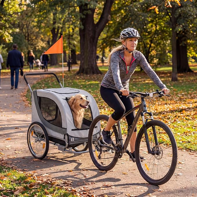 Giantex 2-in-1 Dog Bike Trailer & Pet Stroller for Large Dogs – Foldable Pet Carrier Cart with Front Caster & 2 Air-Filled Tires, Breathable Mesh, PVC Rain Cover, 176 lbs Capacity