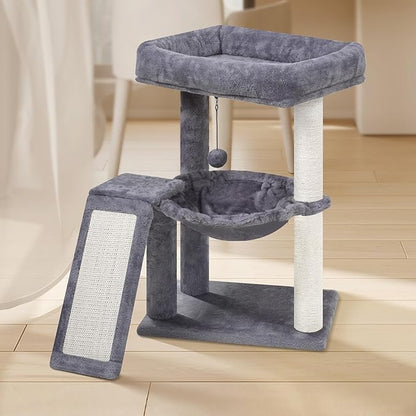 YOUPET Cat Tree with Cat Scratching Post for Indoor Cats, Cat Tower with Scratching Board and Playful Toy Balls, Cat Tree Tower with Cozy Hammock,Grey