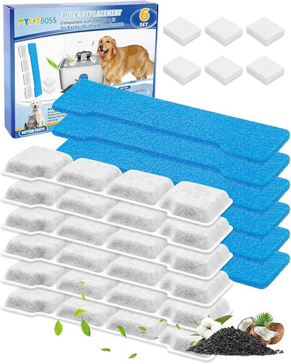 6 Set Pet Water Fountain Filter Replacement Kit Compatible with SIBAYS 15L/4Gal, Fit for Kastty Dog Water Fountain Stainless Steel, 6 Pre-Filter+6 Filters+6 Sponges