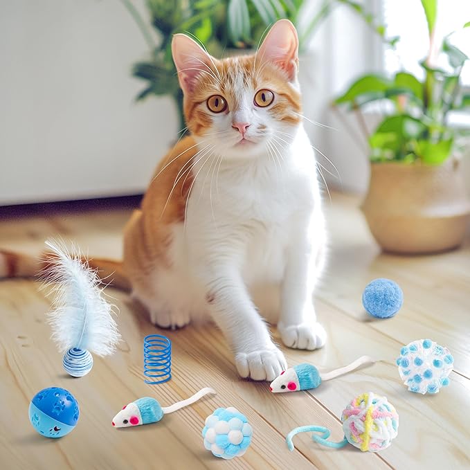 MALLMALL6 Cat Toy Set Interactive Cat Toys 10Pcs Pack Including Cat Springs Feather Teaser Wand Mice Crinkle Balls and Pet Bell Balls, Puzzle Interactive Pet Gift Pack Toys for Indoor Kitten (Blue)