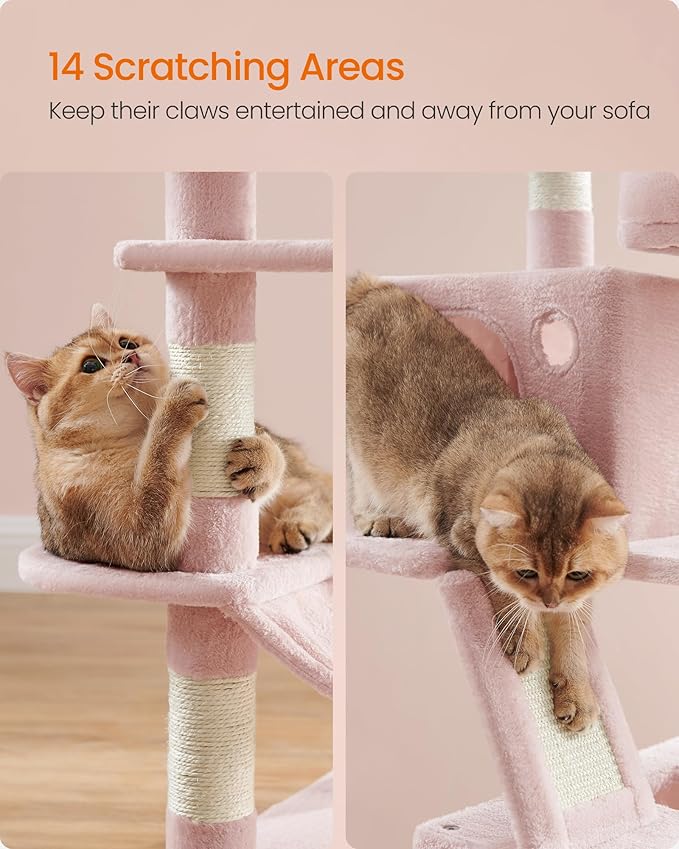 Feandrea Cat Tree, 66.1-Inch Large Cat Tower, Multi-Level Plush Condo with 13 Scratching Posts, 2 Perches, 2 Caves, Basket, Hammock, Pompoms, Jelly Pink UPCT165P01