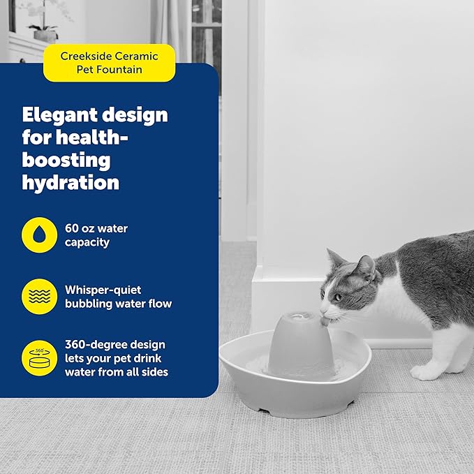 PetSafe Ceramic Pet Fountain – for Cats and Small Dogs – 60 Oz Water Capacity – Whisper-Quiet Water Flow – Great for Shy or Timid Pets – Fresh, Filtered Water