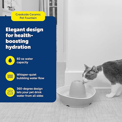 PetSafe Ceramic Pet Fountain – for Cats and Small Dogs – 60 Oz Water Capacity – Whisper-Quiet Water Flow – Great for Shy or Timid Pets – Fresh, Filtered Water